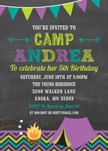 Purple Teal Green Camping Chalkboard Birthday Invites
