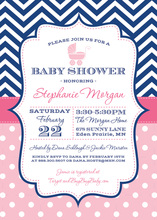 Navy Chevrons Pink Polka Dot Baby Carriage Invitations