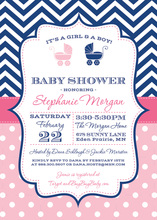 Navy Chevrons Pink Polka Dot Baby Carriage Invitations