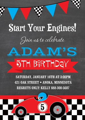 Red Race Car Chalkboard Birthday Party Invitations