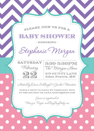 Grey Chevrons Coral Polka Dots Invitation