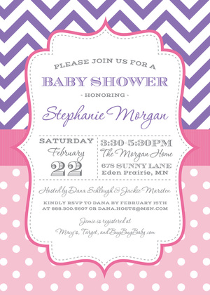 Grey Chevrons Coral Polka Dots Invitation