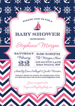 Navy Chevrons Pink Polka Dots Sailboat Invitation