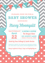 Grey Chevrons Coral Polka Dots Baby Shower Invitations