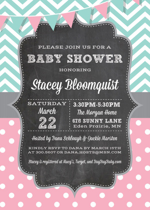 Grey Chevrons Polka Dots Pink Chalkboard Invitations