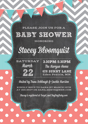 Grey Chevrons Coral Polka Dots Baby Shower Invitations