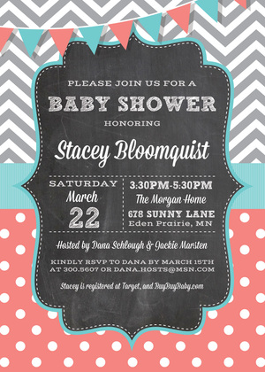 Grey Chevrons Polka Dots Pink Chalkboard Invitations