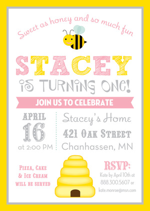 Yellow Border Honey Bee Aqua Birthday Invitations