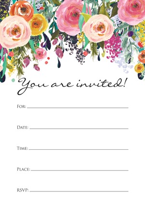 Watercolor Floral Bouquet Script Invitations