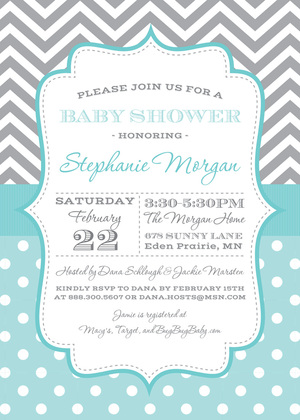 Grey Chevrons Coral Polka Dots Invitation