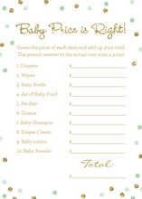 Gold Glitter Graphic Mint Dots Baby Shower Price Game