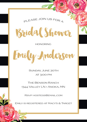 Navy Stripes Watercolor Floral Bridal Shower Invites