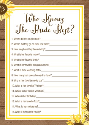 Sunflower Wood Bridal Shower Bingo Game