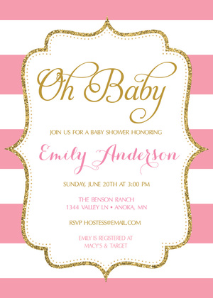 Gold Glitter Stripes Pink Frame Baby Shower Invites