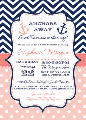 Pink Nautical Twin Anchor Baby Shower Invitations