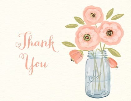Pink Coral Flowers Mason Jar Kraft Thank You Note Card