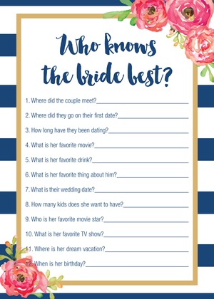 Navy Stripes Watercolor Floral Bridal Shower Invites