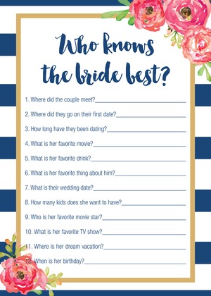 Navy Stripes Watercolor Floral Bridal Bingo