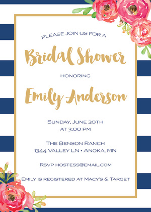 Navy Stripes Watercolor Floral Fill-in Invitations