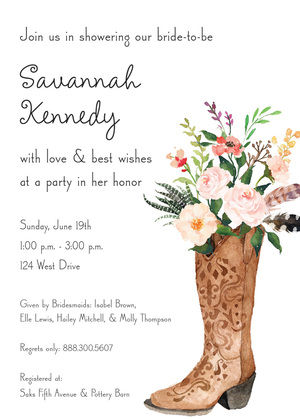 Western Boot Rose Bouquet Pink Bridal Invitations