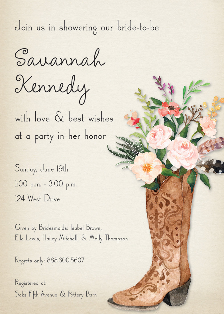 Western Boot Rose Bouquet Rustic Bridal Invitations