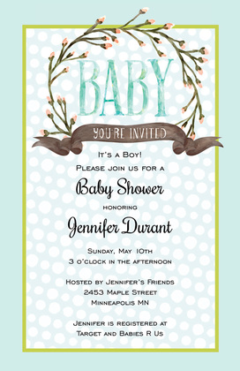 Pink Polka Dots Flower Wreath Baby Shower Invitations