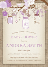 Purple Floral Mason Jars Burlap Border Invitations