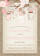 Pink Floral Mason Jars Burlap Border Invitations