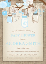 Blue Floral Mason Jars Burlap Border Invitations