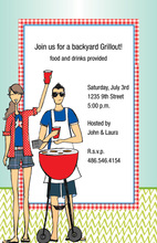 Red Barbecue Grill On Blue Plaid Invitations