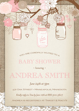 Pink Floral Mason Jars Lace Burlap Border Invitations