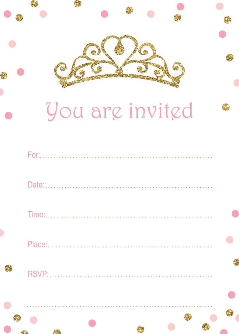 Faux Gold Glitter Tiara Pink Dots Fill-in Invitations