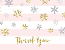 Faux Gold Glitter Snowflakes Pink Stripes Thank You Cards