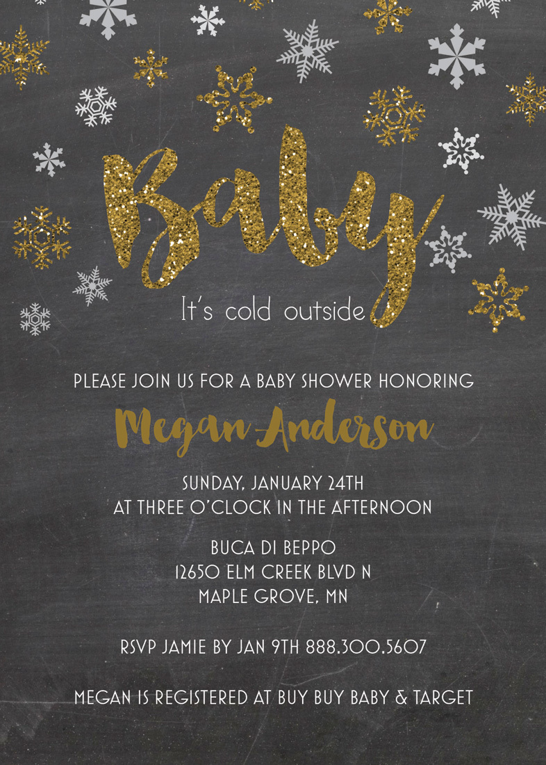 Faux Gold Glitter Baby It's Cold Chalkboard Invites