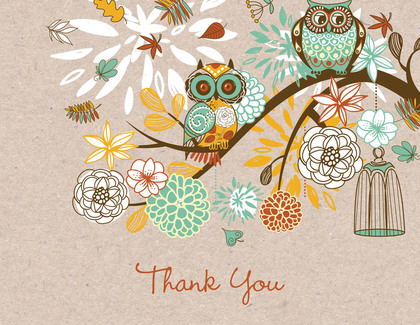Aqua Owls Floral Branch Rustic Thank You Cards