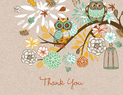 Aqua Owls Floral Branch Thank You Cards