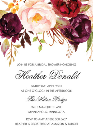 Dark Watercolor Roses Bridal Shower Invitations