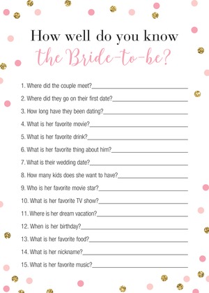 Pink Faux Gold Glitter Dots Bridal Bingo