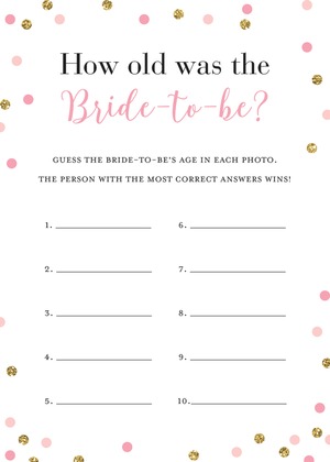 Pink Faux Gold Glitter Dots Bridal Bingo