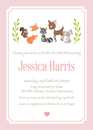 Woodland Animals Pink Border Baby Shower Bingo Game