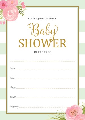 Mint Stripes Watercolor Flowers Shower Invitations