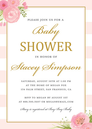 Mint Stripes Watercolor Flowers Shower Invitations