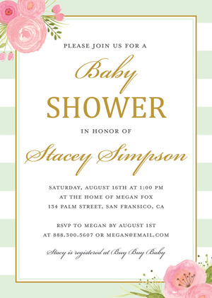 Pink Stripes Watercolor Flowers Shower Invitations