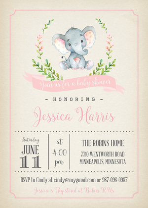 Pink Elephants Baby Shower Invitation