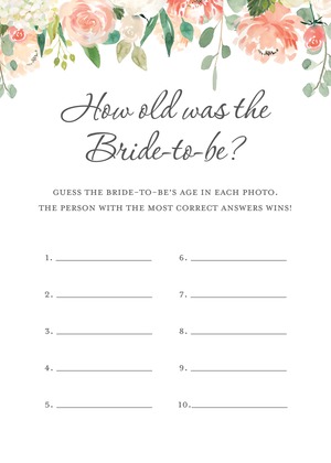 Watercolor Peach Cream Floral Bridal Bingo