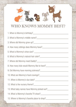 Woodland Animals Baby Shower Bingo Game