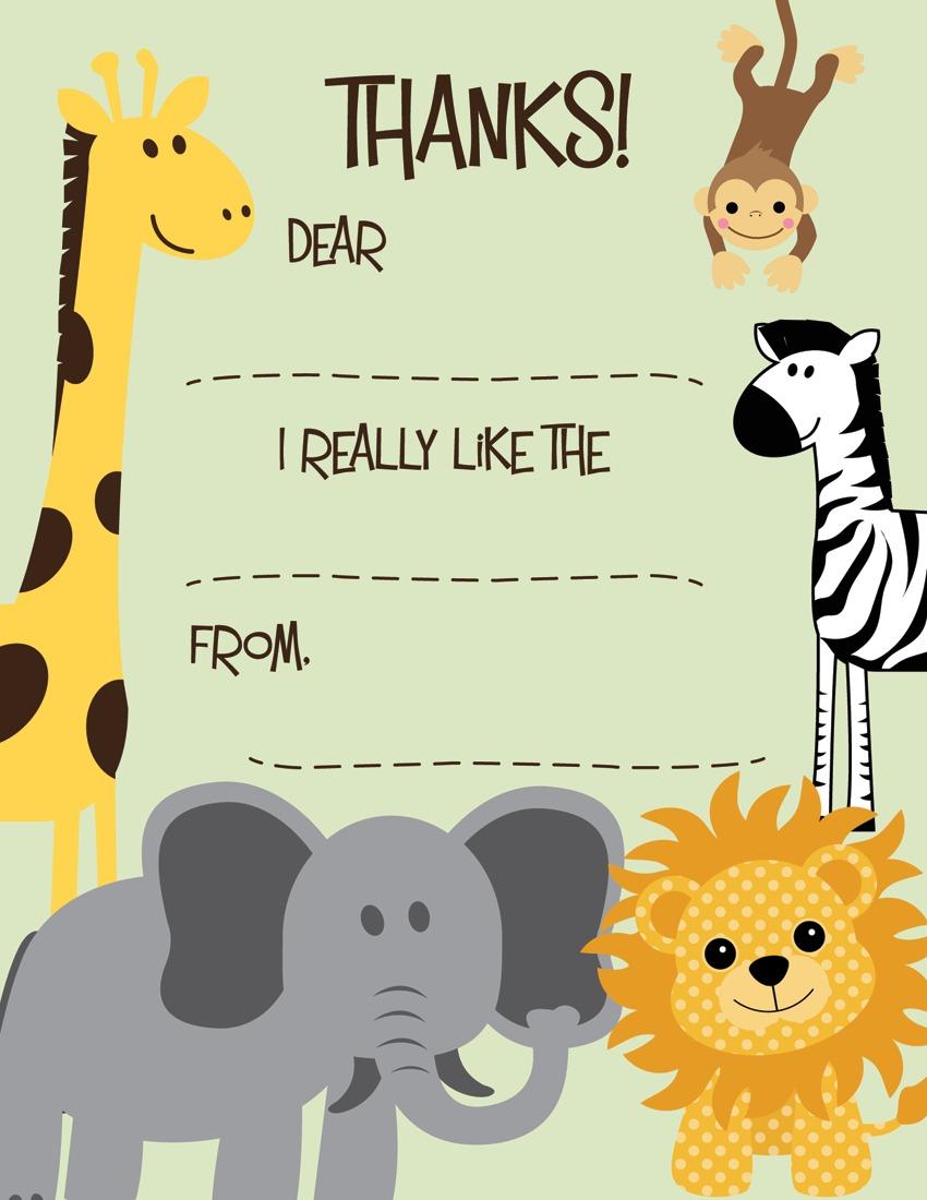 Five Zoo Animals Kids Fill-in Birthday Thank You Cards