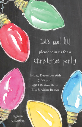 Bright Watercolor Christmas Lights Black Invite