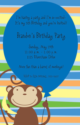 Purple Balloon Monkey Party Invitations