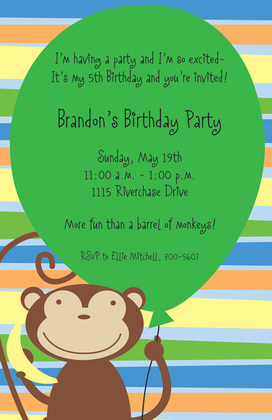 Purple Balloon Monkey Party Invitations